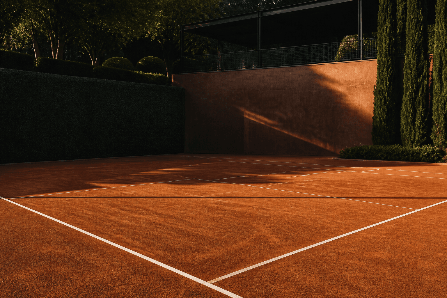 Empty premium clay tennis court at sunset
