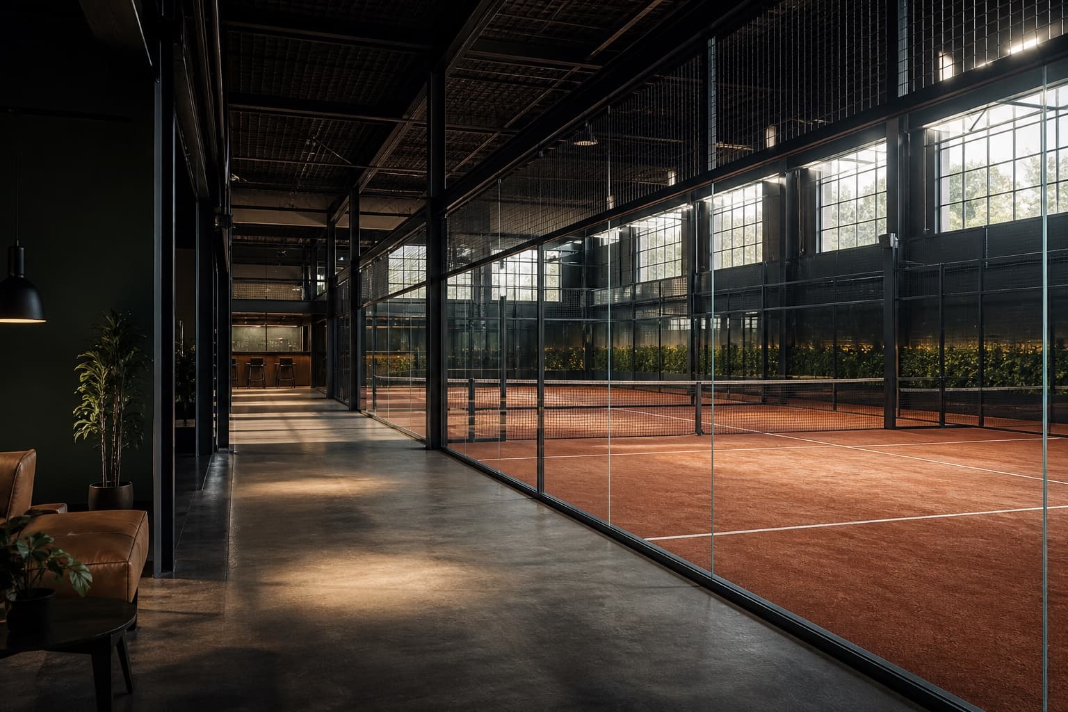 Empty premium indoor panoramic padel courts